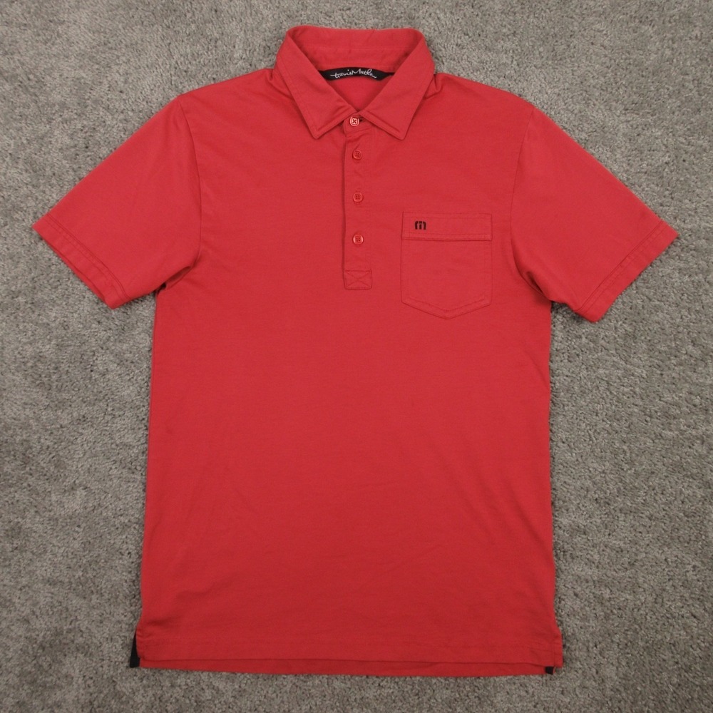 Travis Mathew Polo Shirt Mens Small Red Solid Pocket Performance Pima Blend Logo